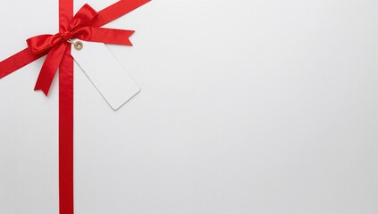 Elegant red ribbon with bow and blank tag on textured white background, perfect for personalized messages and gifts