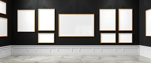 Empty art frames on a stark black gallery wall,  minimalist,  empty