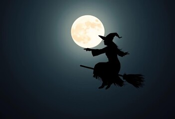 Dark silhouette of a witch on a broomstick flying against a bright moonlit sky,  halloween,  dark