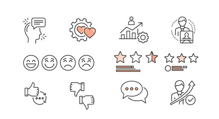 Modern thin line vector illustration of testimonial and feedback icons, including customer relationship management, emotional feedback, star ratings, thumbs up/down, and progress charts, perfect for