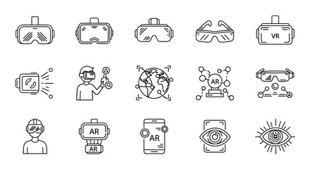 Set of outline vector icons representing virtual reality (VR) and augmented reality (AR) technologies, isolated on a clean white background. This comprehensive icon set includes VR headsets, AR