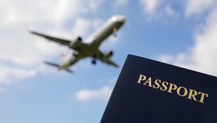Travel passport with airplane in flight above clouds, tourism and vacation concept, global air transportation, passenger journey and international trip symbolizing adventure and holiday travel abroad