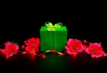 Luminous green gift box, sleek black backdrop,  celebration,  box