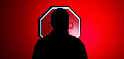 Dark silhouette against crimson wall, octagonal stop sign in view, art, halt