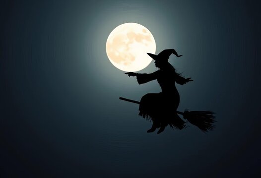 Dark silhouette of a witch on a broomstick flying against a bright moonlit sky,  halloween,  dark