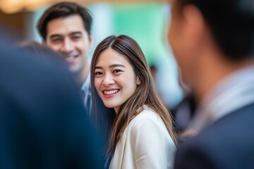 Fototapeta premium Smiling young Asian woman surrounded by colleagues in a business setting, concept for teamwork, corporate meeting and office environment at workplace