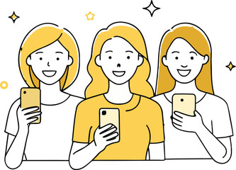 Vector art of three women connecting with their smartphones