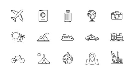 Collection of minimalist line art icons representing various travel and tourism elements, including an airplane, passport, suitcase, globe, camera, palm tree, mountains, cruise ship, taxi, train