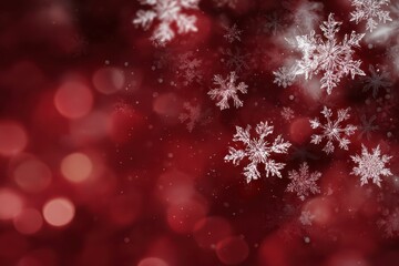 Red bokeh background with falling snowflakes creating a festive and cozy atmosphere ideal for winter celebrations and holiday decorations