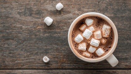 Warm up with a comforting mug of rich hot chocolate topped with fluffy marshmallows on a rustic wooden table
