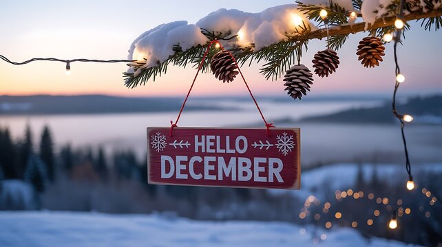Hello december sign hanging on a snowy pine branch with lights