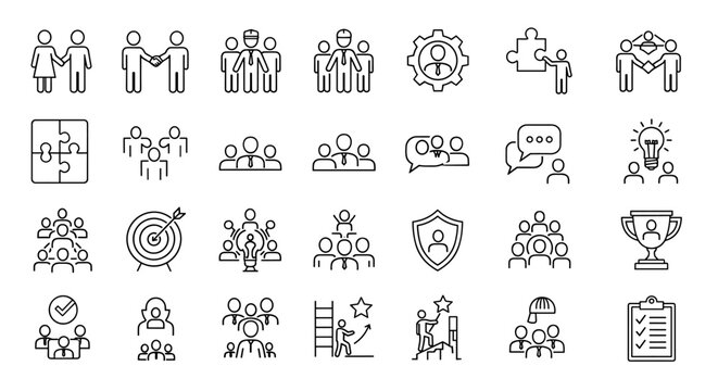 Diverse collection of line icons representing people and teamwork, featuring concepts like collaboration, leadership, success, and communication, ideal for business and project management visuals.