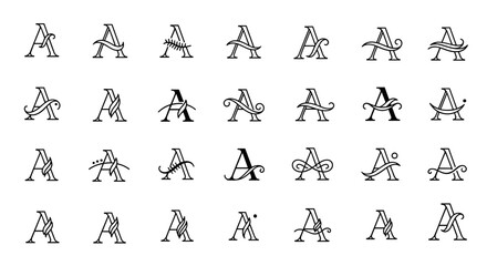 Collection of 28 elegant and decorative letter 'A' monograms and logos, featuring serif typography with various flourishes, swirls, leaves, and dots, presented on a clean white background, ideal for