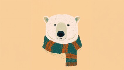 Fototapeta premium Charming polar bear sporting a cozy, colorful scarf, radiating warmth and winter cheer in a simple, inviting composition