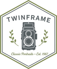 Twinframe Classic Portraits Badge with Vintage Camera and Olive Branch Vector Illustration
