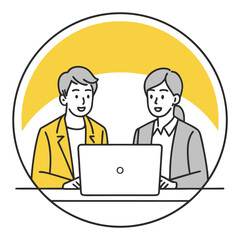 Business Meeting Illustration with Laptop in Circular Frame