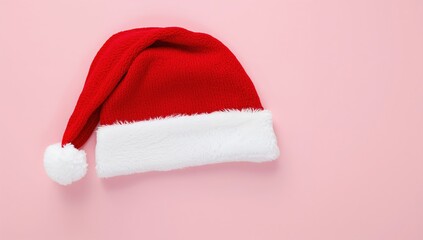Classic red Santa hat with white trim and pompom rests on a soft pink background, perfect for festive holiday designs and promotions.