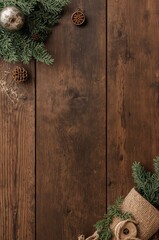 Rustic wooden background with festive Christmas pine branches and rustic ornaments, perfect for holiday greetings and winter themes.