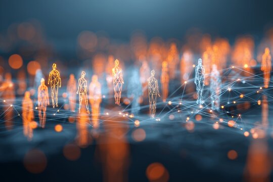 Abstract glowing human figures connected by digital network on a blurred background, concept for human resources planning, employee engagement and network communication