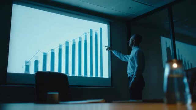 Confident executive analyzes upward financial data trends in a dark office environment, highlighting successful business performance. Corporate atmosphere emphasizes teamwork and innovation - Powered by Adobe