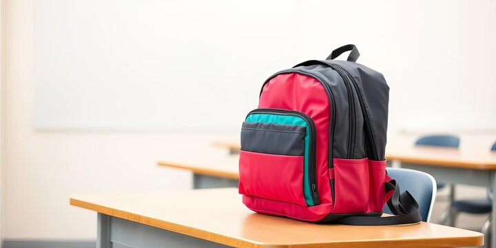 Neatly organized school backpack resting on a spacious, empty desk, books, homework