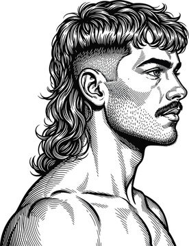 Man with mullet hairstyle drawing illustration black and white portrait eps silhouette