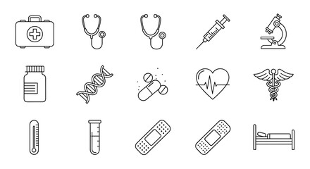 A comprehensive set of thin, editable stroke medical icons, perfect for web, books, cards, and apps, featuring a first aid kit, stethoscope, syringe, microscope, DNA, pills, heart monitor, caduceus