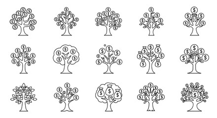Collection of outline illustrations of money trees, symbolizing financial growth and wealth. Each tree features dollar signs or money bags as fruit, presented in a clean, editable stroke style