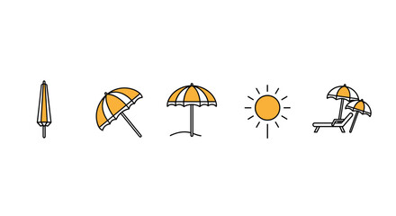 Collection of thin line icons representing beach essentials: a closed parasol, an open parasol, a sunshade on the sand, a bright sun, and a sun lounger with two parasols, perfect for web, books