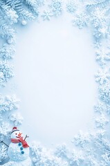 Festive snowman with winter snowflakes frame, perfect for holiday greetings and seasonal promotions, bright and cheerful