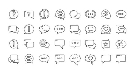 Collection of diverse speech bubble line icons, featuring question marks, exclamation points, gears, hearts, stars, thumbs up, and message indicators, perfect for graphic design, web development, app