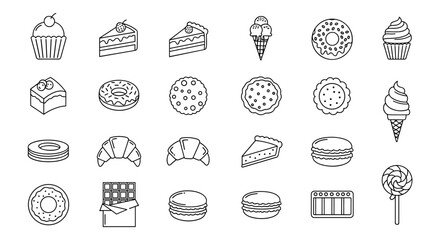 A delightful collection of thin line icons representing various pastries, sugary foods, and desserts, perfect for web, books, cards, and apps. This editable stroke vector cartoon illustration