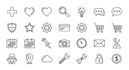 A comprehensive collection of outline icons suitable for graphic and web design, apps, adverts, and various cards, featuring symbols like a plus sign, heart, magnifying glass, lightbulb, chat