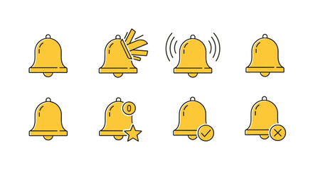 Set of yellow bell icons with a minimalistic linear pictogram design, perfect for web and graphic design, apps, banners, social networks, and cards. This vector collection features various