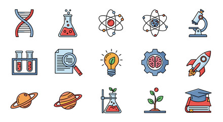 Vibrant and diverse collection of science-themed icons in a clean outline style, perfect for educational materials, digital design, and conceptual representations of innovation and discovery, set