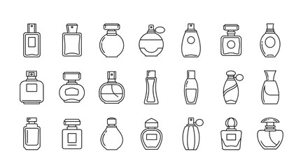 Collection of simple linear outline illustrations of various perfume bottles, showcasing diverse shapes and designs, perfect for web, print, and app design elements, editable stroke for