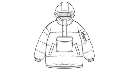 Fashion flat sketch of a unisex oversized puffer anorak jacket with a hood, featuring a large front pouch pocket, zippered side pocket, and ribbed cuffs. This vector technical drawing serves as a
