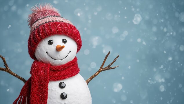 Joyful snowman wearing red hat and scarf with snowflakes creating a whimsical winter scene for holiday cards