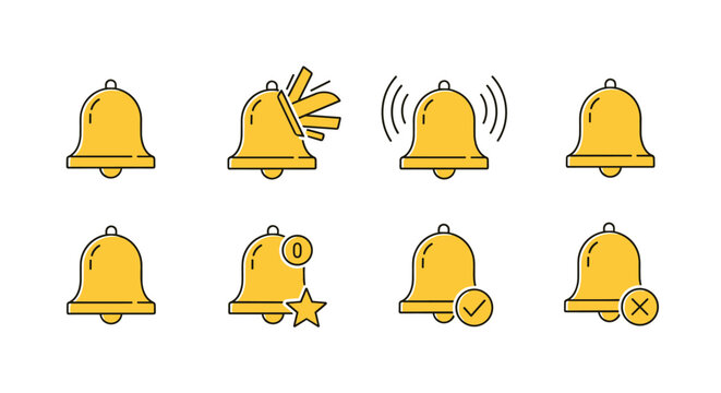 Set of yellow bell icons with a minimalistic linear pictogram design, perfect for web and graphic design, apps, banners, social networks, and cards. This vector collection features various
