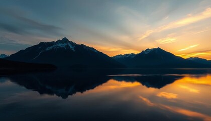 Dark silhouette of majestic mountain range reflected in a tranquil lake at sunset,  scenery,  adventure