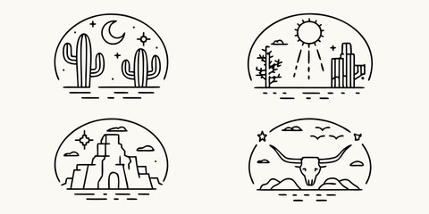 Collection of minimalist line art icons depicting desert landscapes and western themes under a circular frame