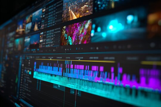 Close up of a computer screen showing video editing software interface with various clips and waveforms, concept for video production, post production and motion graphics design