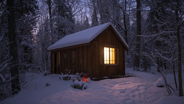 Cozy winter cabin in snowy forest with warm inviting light, a perfect escape for peace and solitude