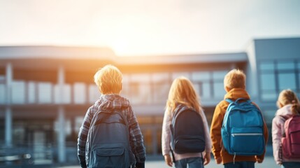 Children walking to school with backpacks