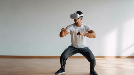 A focused individual engages in a dynamic workout using a VR headset, blending fitness and gaming in a modern environment. The scene highlights innovation in home exercise and digital entertainment