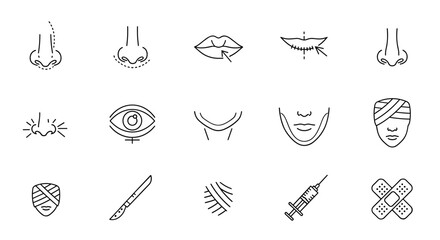 Collection of minimalist line art icons representing various plastic and cosmetic surgery procedures for the human face, including nose jobs, lip augmentation, eye lifts, chin contouring, and facial