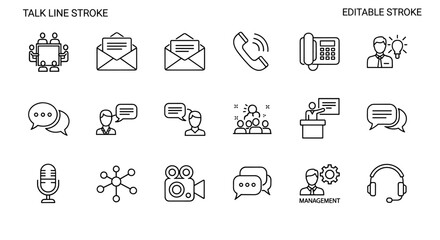 Collection of line icons representing communication and business concepts, including meeting, message, phone call, speech bubbles, conversation, conference, chat, management, microphone, network