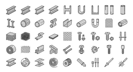 Set of linear style icons representing metal and stainless steel products, including beams, profiles, screws, bolts, mesh, pipes, and other building materials, presented in a clean, modern, and