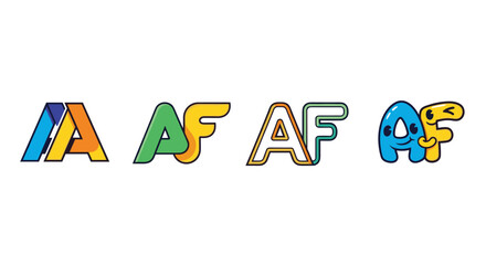 Set of four stylized letter 'A' and 'F' logos, presented in a clean, ordered line on a white background. Each logo features a unique color palette and design, including a geometric interpretation, a