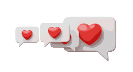 A set of three 3D rendered chat bubbles, each containing a vibrant red heart shape, arranged in a visually appealing line against a clean white background, symbolizing love, communication, and